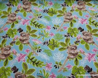 Flannel Fabric - Hanging Sloth on Aqua - By the Yard - 100% Cotton Flannel