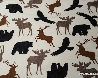 Flannel Fabric - Wilderness Animals Silhouettes on Cream - By the yard - 100% Cotton Flannel