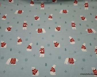 Christmas Premium Flannel Fabric - Northern Lights Polar Bears Sky Blue Premium - By the yard - 100% Premium Cotton Flannel