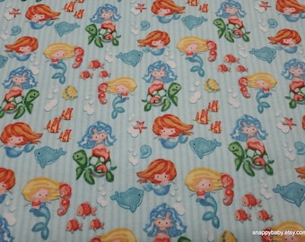 Flannel Fabric - Mermaids on Stripes - By the Yard - 100% Cotton Flannel