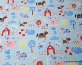 Flannel Fabric - Farm on Blue - By the yard - 100% Cotton Flannel