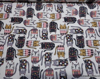 Flannel Fabric - Pattern Trap Cat on White - By the yard - 100% Cotton Flannel