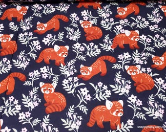 Flannel Fabric - Red Pandas in Flowers - By the yard - 100% Cotton Flannel