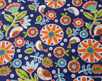 Flannel Fabric - Birdies and Flowers Coral Teal - By the Yard - 100% Cotton Flannel
