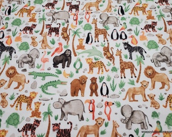 Premium Flannel Fabric - Wild Side Animals White - By the yard - 100% Premium Cotton Flannel