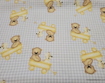 Flannel Fabric - Teddy Bear and Dog in Wagons - By the yard - 100% Cotton Flannel