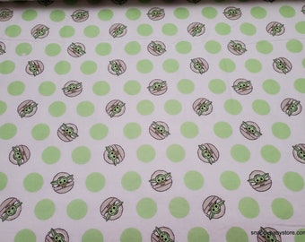 Character Flannel Fabric - Star Wars Mandalorian Baby Yoda Polka Dot - By the yard - 100% Cotton Flannel