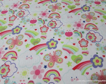 Flannel Fabric - Happy Rainbows on White - By the yard - 100% Cotton Flannel