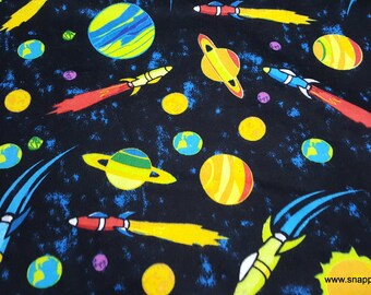 Flannel Fabric - Spaceship and Planets Bright - By the Yard - 100% Cotton Flannel