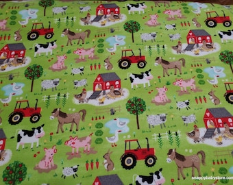 Flannel Fabric - Farm Animals Green - By the yard - 100% Cotton Flannel