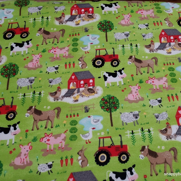 Flannel Fabric - Farm Animals Green - By the yard - 100% Cotton Flannel