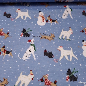 Christmas Flannel Fabric - Happy Holiday Dogs on Blue - By the Yard - 100% Cotton Flannel