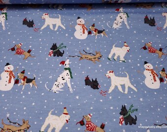 Christmas Flannel Fabric - Happy Holiday Dogs on Blue - By the Yard - 100% Cotton Flannel