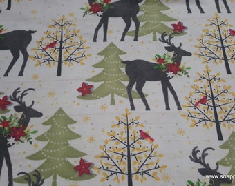Christmas Flannel Fabric - Holiday Stag with Poinsettia - By the yard - 100% Cotton Flannel