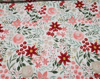 Christmas Flannel Fabric - Watercolor Poinsettia - By the yard - 100% Cotton Flannel