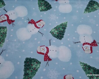 Christmas Flannel Fabric - Happy Snowman and Trees - By the yard - 100% Cotton Flannel