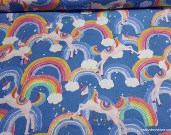 Flannel Fabric - Rainbows and Unicorns on Blue - By the yard - 100% Cotton Flannel