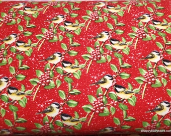 Christmas Premium Flannel Fabric - Snow Bird Chickadees and Berries on Red Premium - By the yard - 100% Premium Cotton Flannel
