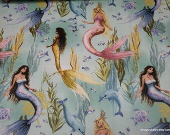 Flannel Fabric - Mythical Mermaids on Blue - By the Yard - 100% Cotton Flannel