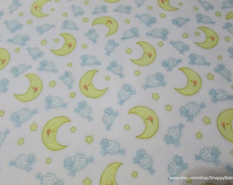 Flannel Fabric - Sheeps Over Moon on White - By the yard - 100% Cotton Flannel