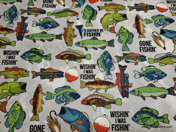 Flannel Fabric - Rather Be Fishin' - By the yard - 100% Cotton Flannel