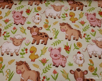 Flannel Fabric - Farm Babies on Green - By the yard - 100% Cotton Flannel