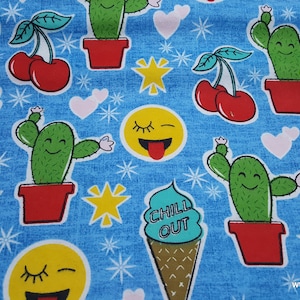 Flannel Fabric Chill Out Cones Emojis and Cactus By the yard 100% Cotton Flannel image 1