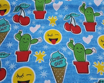 Flannel Fabric - Chill Out Cones Emojis and Cactus - By the yard - 100% Cotton Flannel