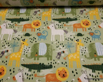 Flannel Fabric - Sweet Jungle Animals Green - By the yard - 100% Cotton Flannel