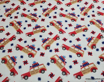 Flannel Fabric - Red White Bold Wagon - By the yard - 100% Cotton Flannel