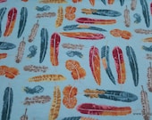 Flannel Fabric - Bright Feathers on Blue - By the yard - 100% Cotton Flannel