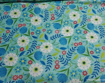 Flannel Fabric - Daisy Leaves on Blue - By the yard - 100% Cotton Flannel