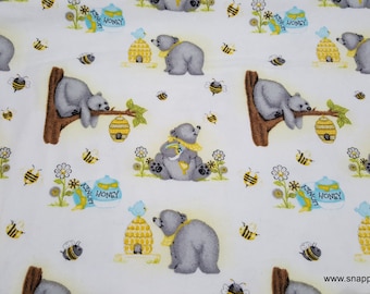 Flannel Fabric - Honey Bears 'N Bees on White - By the yard - 100% Cotton Flannel