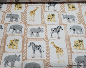 Flannel Fabric - Patch Safari on White - By the yard - 100% Cotton Flannel