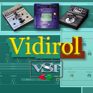 以下が含まれることがあります： 「Vidirol」の文字が大きく黄色で表示されたデジタルビデオコントローラーのセットアップ画像。 様々なコントロールパネルと「VST」ロゴが配置されています。