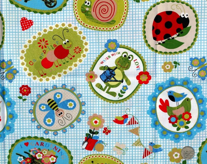 Fabric Children's Novelty Fabric Garden Theme on Blue Etsy UK