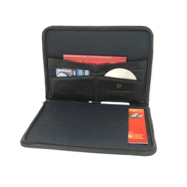Leather Portfolio, Black Leather Business Case, Zippered Portfolio, Vintage Unisex Leather Case, Document Case