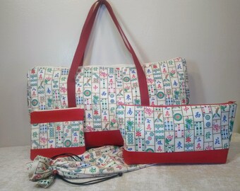 Mahjong 4-pc. Set in Tile Print Cottons- Zip Tote- "East Wind", Tile Zip Bag or Tray Drawstring Sleeve, Rack Bag, Card Pouch-FREE SHIPPING!