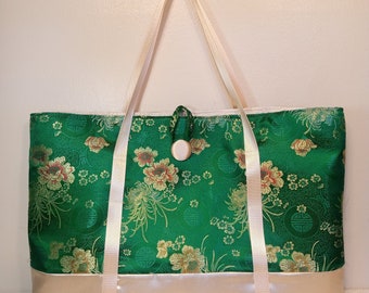 Mahjong Tote Bag in New Asian Influenced Floral Satin with button and loop closure, "West Wind" style- FREE SHIPPING!