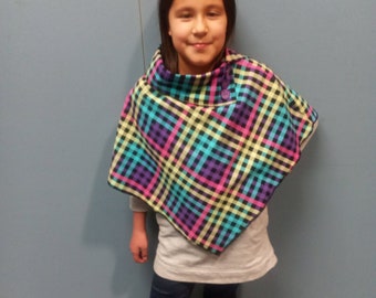 Fashion "Venezia" 7-10 yr. Child size Polar fleece and Cotton Flannel Poncho with Asymmetric Collar & Button Accents,