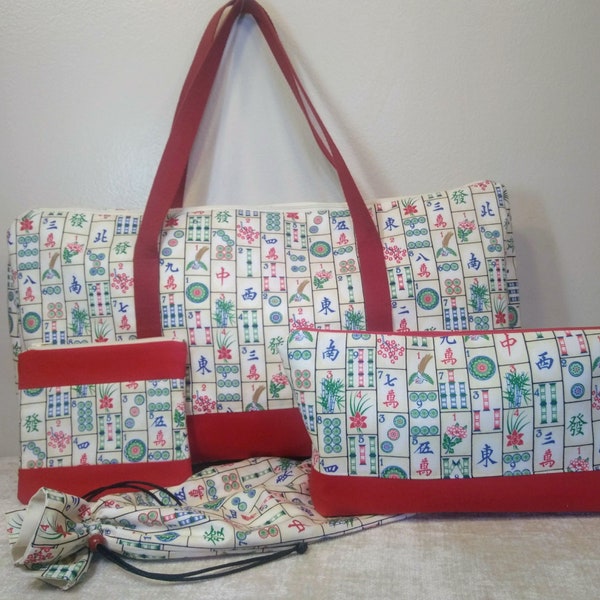 Mahjong 'East Wind" 4-pc Set in Asian Print Cotton- Zipper Tote, Tile Zipper Bag or Tray Drwstring Slve, Rack Bag, Card Pouch-FREE SHIPPING!