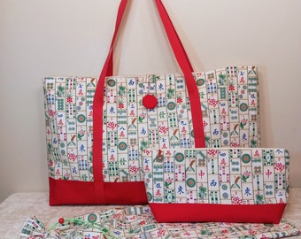Mahjong 3pc Set in Mahj Print Cotton-Button & Loop Tote, "West Wind", Tile Zip Bag OR Tray Drawstring Sleeve, Rack Carry Bag -FREE SHIPPING!