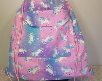 Fun & Fantastic Drawstring Backpack -"Luna"- Unicorns, Sharks, Active Avocados,  Heavy Machinery, LLamas