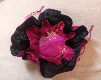 XL Jewelry Drawstring Pouches for Travel-  Beautiful and Colorful Asian Influenced Bamboo Leaf Brocade Satin Fabrics
