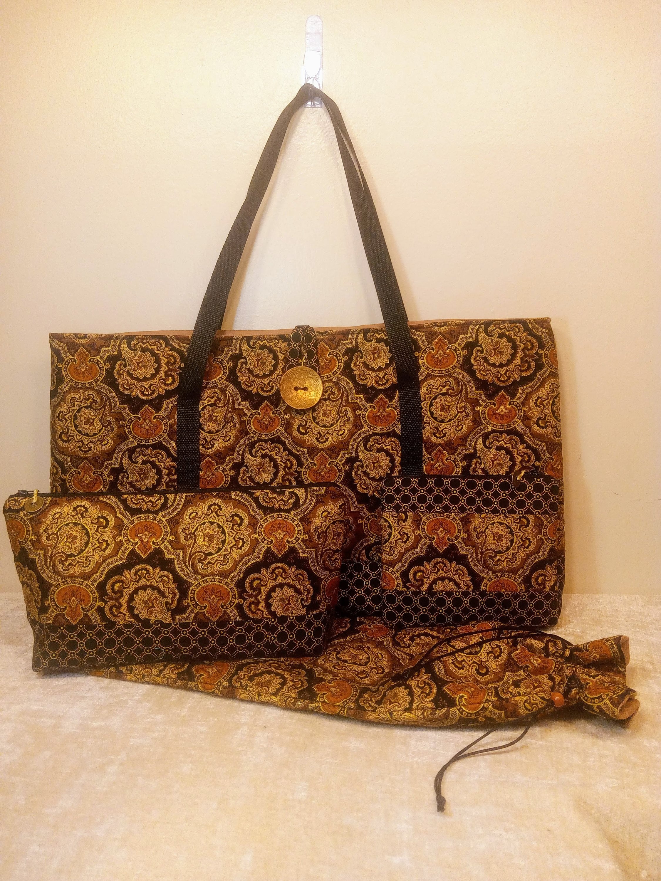 NEW Mahjong 4-pc Set quilted Cttn Tote Bag W/ Bttn Loop 