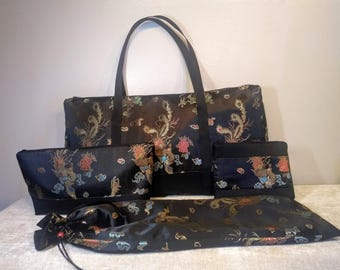 Mahjong 4 pc. Set in Asian Floral Satins- Zip Tote Bag, Zip Tile Bag OR tray sleeve, Rack Set Bag, Zip Card Pouch- FREE Ground Shipping!