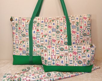 Mahjong 3-pc Set in Tile Print Cotton, Zipper Tote, "East Wind", Tile Zipper Bag OR Tray Drawstring Sleeve, Rack Bag -FREE SHIPPING!