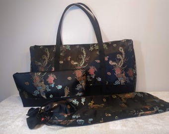 Mahjong 3-pc. set in Asian Inspired Floral Satins- Zip Tote Bag, Zip tile Bag OR drawstring Tray Sleeve, Rack set Bag- FREE Ground Shipping!