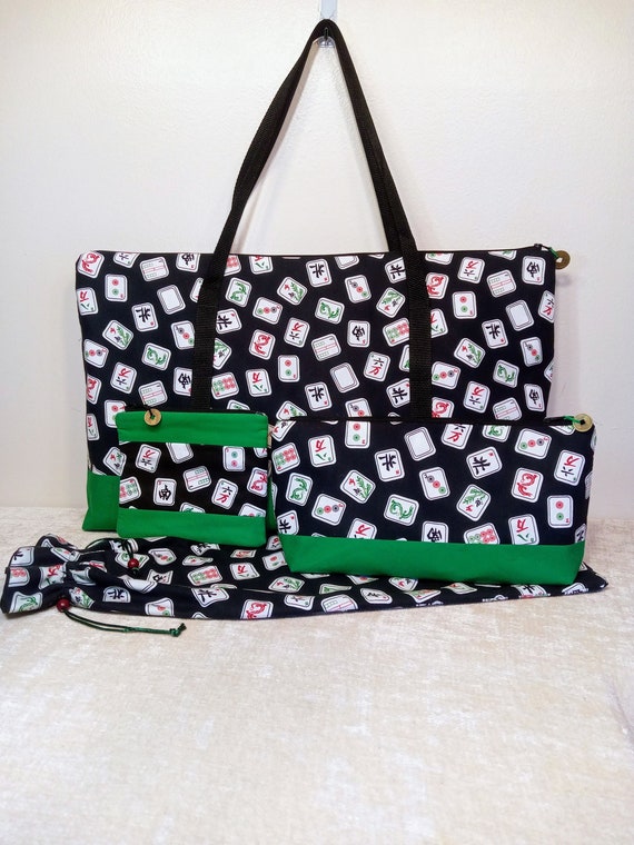 Mahjong 4-pc. Set in Tile Print Cottons Zip Tote east 
