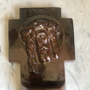 vintage holy water vessel,  Wall hanging, glazed ceramic